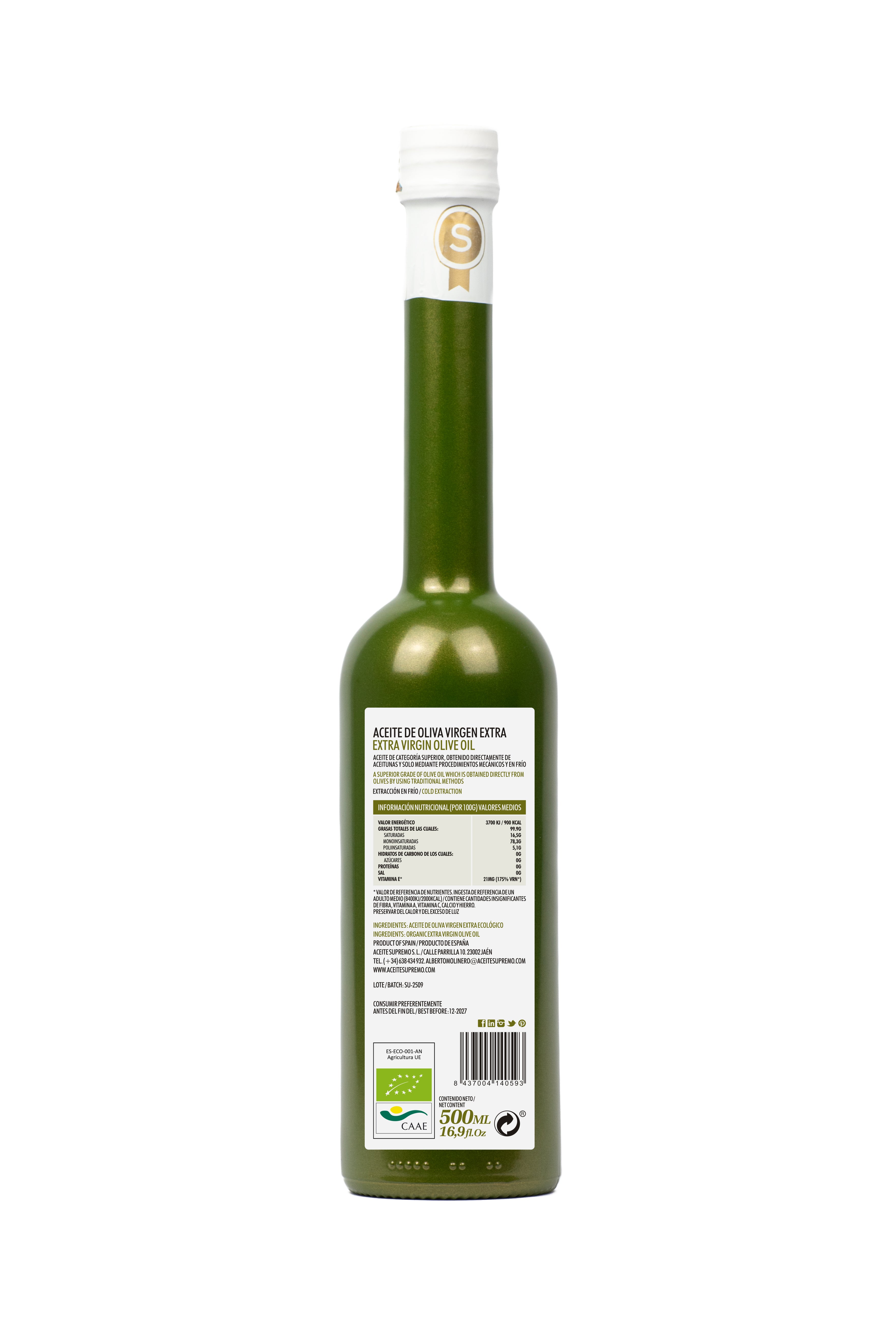 Aceite de Oliva Virgen Extra Cornezuelo Ecológico 500ML - Nueva Cosecha 2025-2026