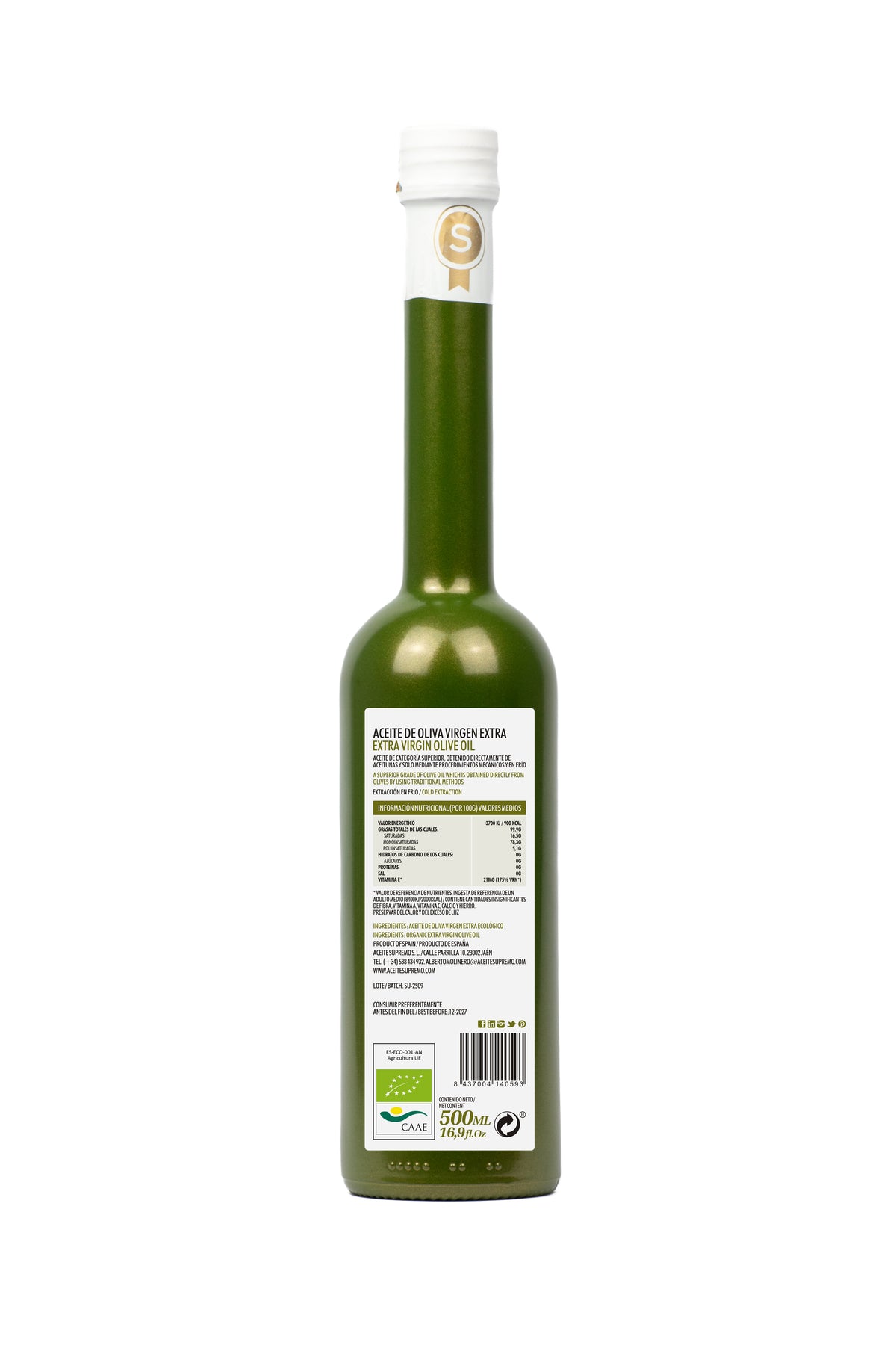 Aceite de Oliva Virgen Extra Cornezuelo Ecológico 500ML - Cosecha Temprana